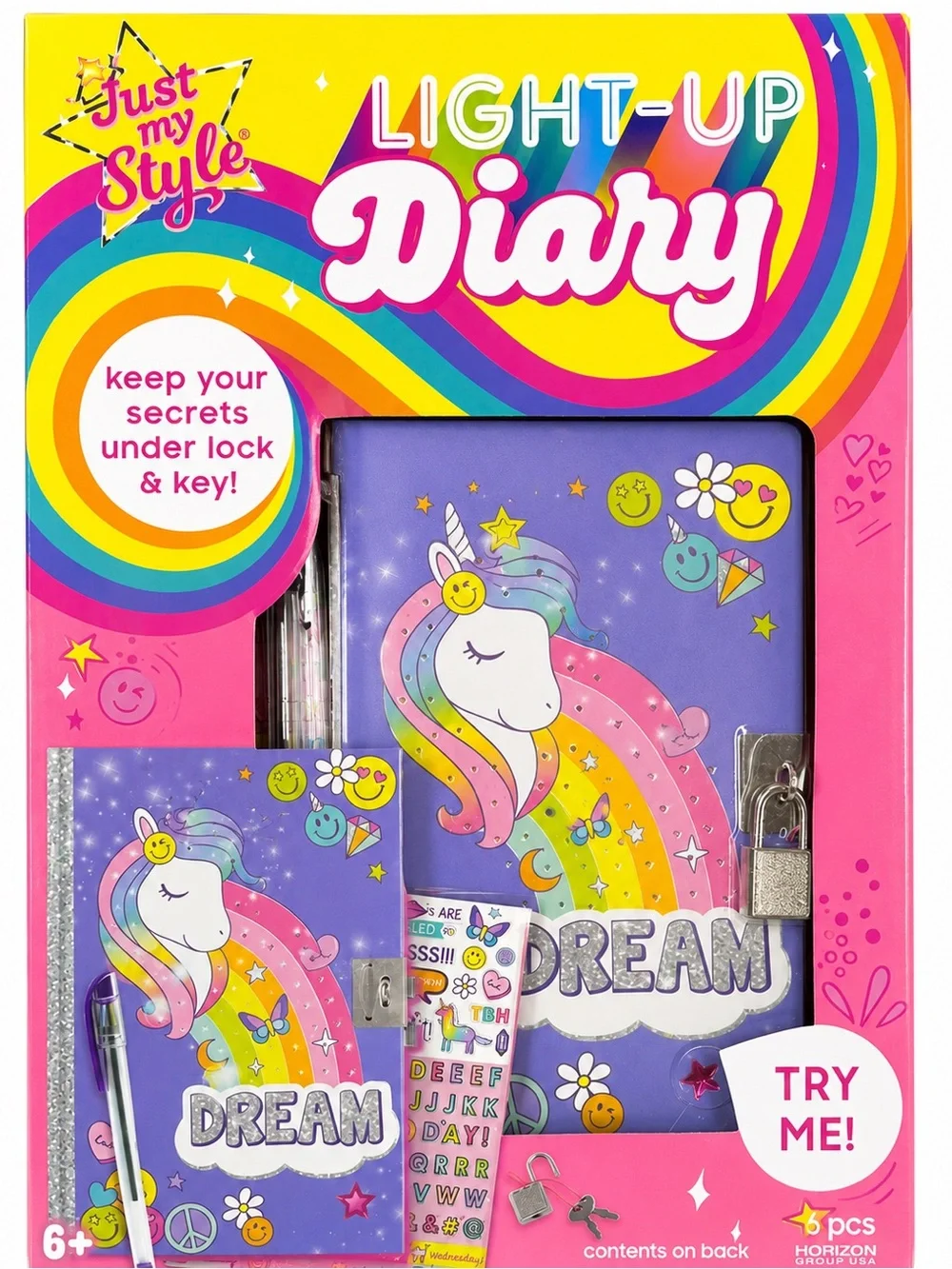 Just My Style Light-Up Diary Unicorn Rainbow Lock & Key 6pc New Sealed